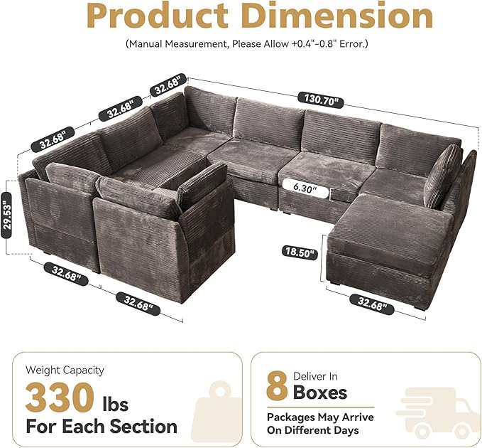 Large 8 Seat Modular Sectional Sofa with Ottoman Seat Corduroy Sleeper Sectional Sofa Bed Oversized Convertible Modular Couch for Living Room