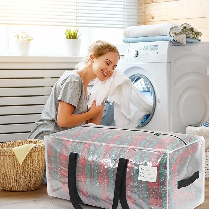 2 Pack Extra Heavy Duty Large Moving Bags with Comfortable Handle & Strong Zipper,Storage Totes for Space Saving Moving Storage College Supplies Alternative to Moving Box,Clear