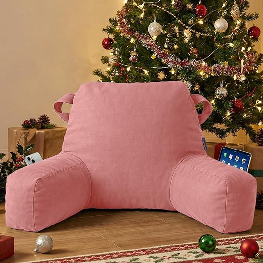 Portable Comfy Reading Pillows for Bed Sitting Up(Dark Pink Oeko-Tex), Velvet Back Pillow with Arms & Pockets for Adults, Support Memory Foam Bed Pillow for Dorm/Reading/Watching/Gaming
