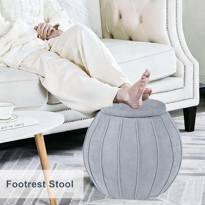 Crestview Collection 18" Foot Stool Ottoman, Round Storage Ottoman Removable Seat, Fabric Round Foot Rest, Vanity Stool, Extra Seating for Living Room, Bedroom, Entryway(Blue Grey)