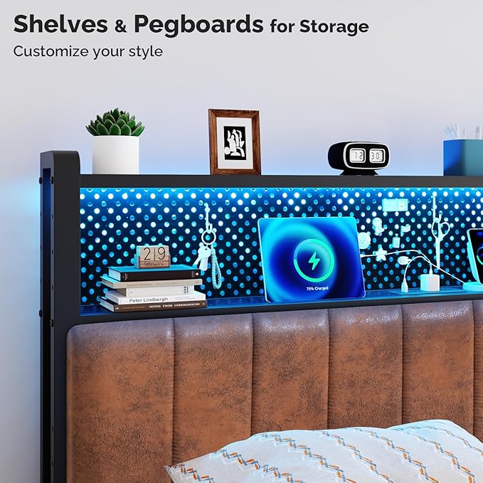 VINGLI King Size Headboard Only, Adjustable Upholstered Headboard with 2 Tier Shelves and Pegboard with Charging Stations and LED Lights, Modern Bed Headboard with Storage for Bedroom Decor