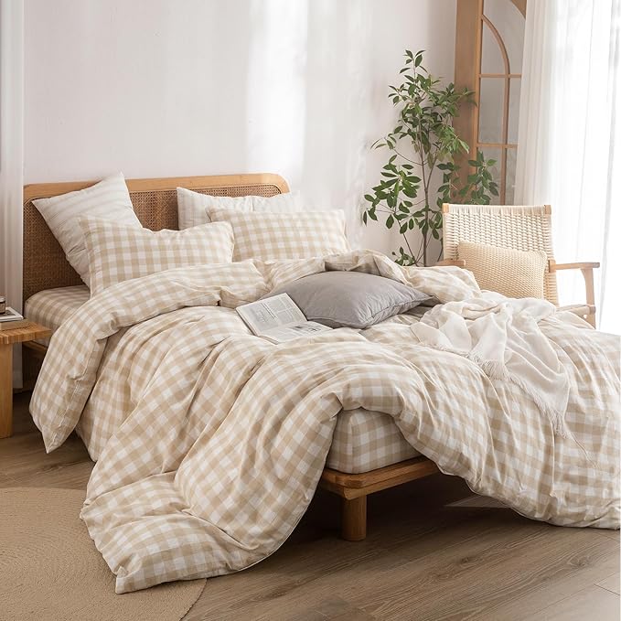 BESTOUCH Duvet Cover Set 100% Washed Cotton Linen Feel Super Soft Comfortable Chic Lightweight 3 PCs Home Bedding Set Almond Grey & White Grid King