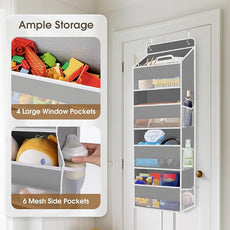 1 Pack Over The Door Organizer, Hanging Storage Organizer with Clear Window, 40lb Ultra Sturdy Large Capacity Room Organizer for Pantry Laundry Bathroom Nursery Closet Baby Essential (Grey)