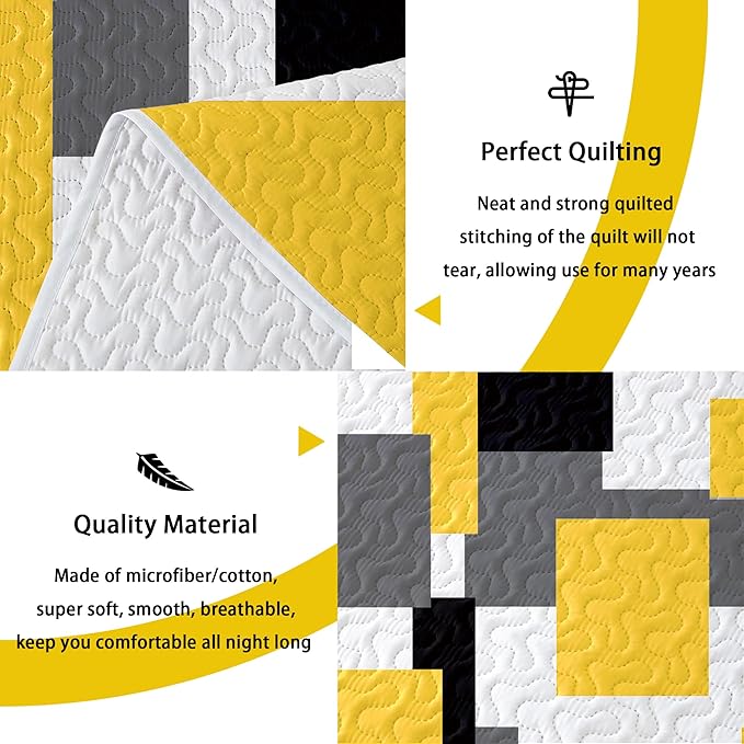 3 Piece Yellow Grey Quilt Set California King Size Yellow Gray White Geometric Reversible Bedding Set Microfiber Lightweight Bedspread Coverlet with 2 Shams Bed Cover for All Season, 118''x106''