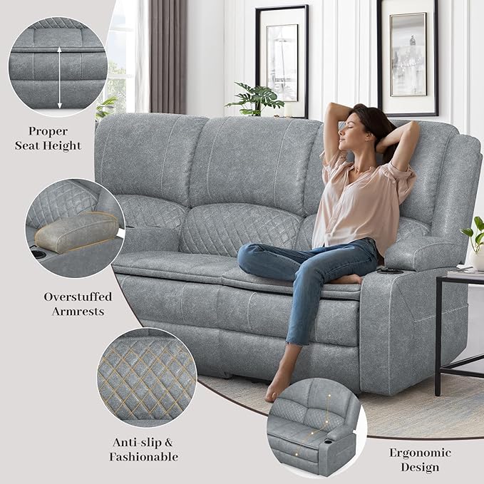 Recliner Sofa, 3 Seater Manual Reclining Sofa with 2-Tier Cushion, Reclining Couches for Living Room with Removable Console, Hidden Storage Space, Cup Holders - Gray