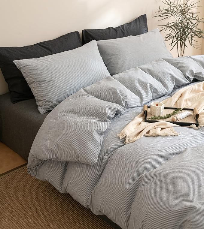 VM VOUGEMARKET Grey Pinstriped Duvet Cover Set Queen 100% Washed Cotton Bedding Set,Ticking Stripes Pattern Duvet Cover with Zipper Closure (3pcs, Horizontal Stripes)