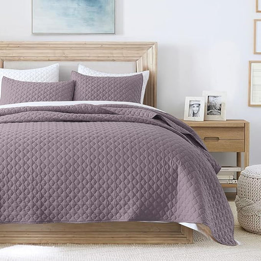 HORIMOTE HOME Quilt Queen Size Grayish Purple, Lightweight Quilts for Summer Ultra-Soft Microfiber Modern Style Quilted Clouds Pattern Bedspread Quit Set 3 Pieces(1 Quilt and 2 Pillow Shams)