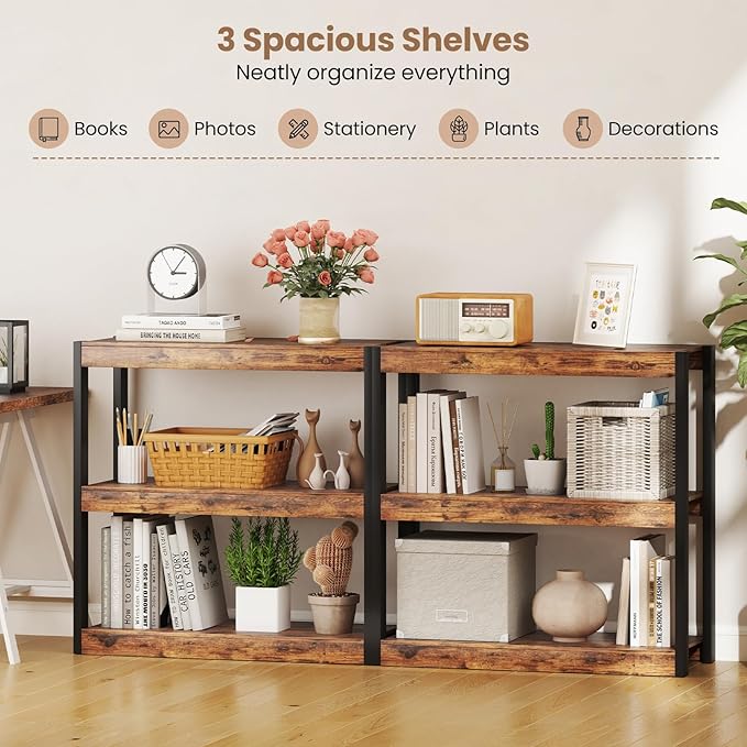Giantex 3 Tier Bookshelves Set of 2, Freestanding Wooden Bookcase with Dual Anti-Tipping Kits, Open Display Rack Shelving Unit, Storage Organizer for Living Room, Bedroom & Study, Rustic Brown & Black