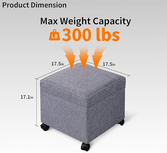Adeco 17.5" Grey Square Storage Ottoman with Wheels, Modern Cotton Linen Foot Stool with Rollers - Movable & Convenient & Practical, Small Footstool for Living Room, Bedroom
