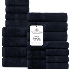 100% Cotton Bath Towel Set of 18-4 Bath Towels, 6 Hand Towels, 8 Wash Cloths, Sustainable, Soft, Highly Absorbent, Combed Cotton 18 Piece Set for Hotels, Spa, Bathroom, Dorm, Black