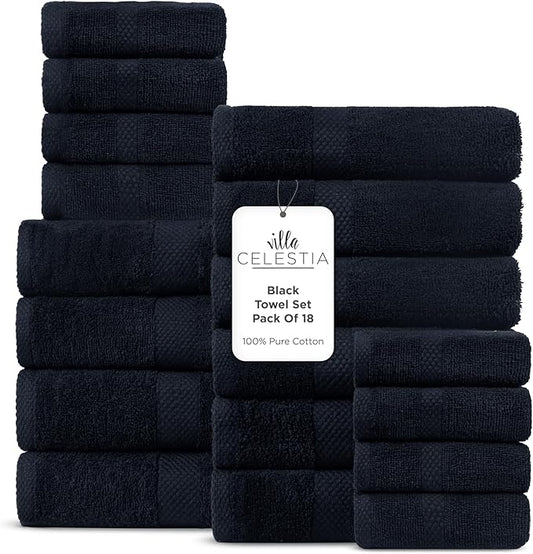 100% Cotton Bath Towel Set of 18-4 Bath Towels, 6 Hand Towels, 8 Wash Cloths, Sustainable, Soft, Highly Absorbent, Combed Cotton 18 Piece Set for Hotels, Spa, Bathroom, Dorm, Black