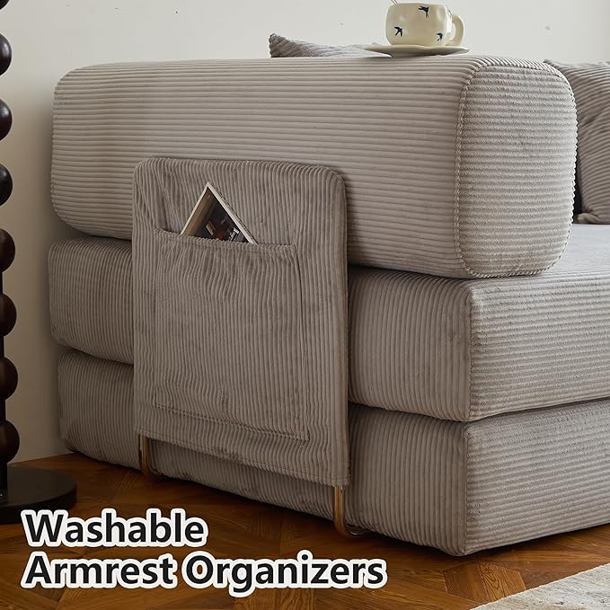 98.4" Convertible Sofa Bed - Compression Sofa with Corduroy Fabric - with Armrests and Backrest - Modular Sectional for Living Room, Bedroom, Studio - Compression Sofa in Box (Grey)
