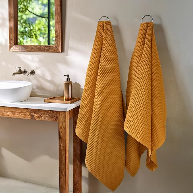 PÜSKÜL Premium Waffle Bath Towels Set of 2 - Organic 100% Turkish Cotton Bath Towel - Quick Dry, Absorbent, Light, Thin, 32x63 Large Waffle Towels (Mustard Yellow Bath Towels - Pack of 2)