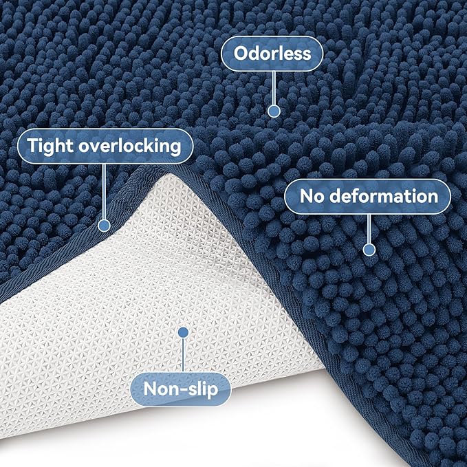 Bcoimo 24"×17" Absorbent Bath Mat, Non-Slip with Backing Chenille Bath Rug and Machine Washable Bathroom Mat Quick-Dry Design. Ideal for Bathroom and Tub Areas
