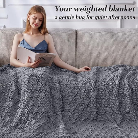Knitted Weighted Blanket for Adult, Chunky Knit Weighted Throw for Sleep 60"*80" 10lbs, Cooling Breathable Machine Washable Heavy Blanket for Room Decor (Light Grey, Queen)