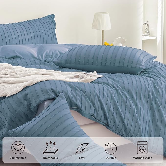 JELLYMONI Duvet Cover Queen Size Blue - 3PCS Boho Striped Duvet Cover Set Polyester Tufted Bohemian Textured Comforter Cover with Corner Ties & Zipper Closure