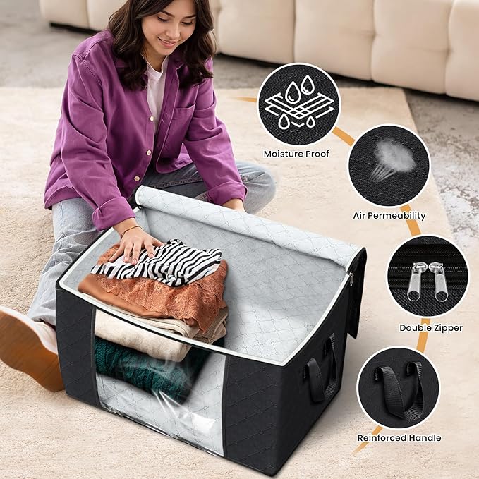 Fab totes 24 Gallons Clothes Storage, Foldable Thick Fabric Blanket Storage Bags, Containers for Organizing Bedroom, Closet, Clothing, Comforter, Organization with Handle (3 Pack,Black)