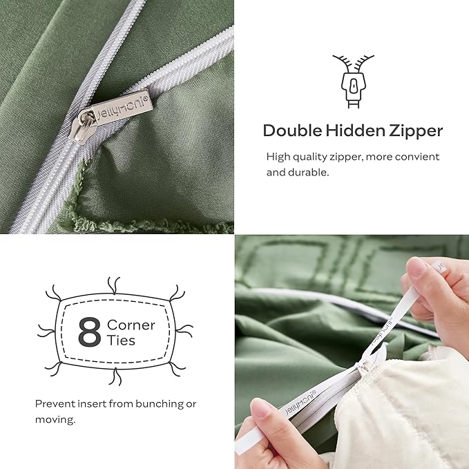 JELLYMONI Duvet Cover King Size Green - 3PCS Boho Duvet Cover Set Plaid Polyester Tufted Bohemian Jacquard Knit Textured Comforter Cover 104×90in Rhombic Geometric Pattern Zipper Corner Tie