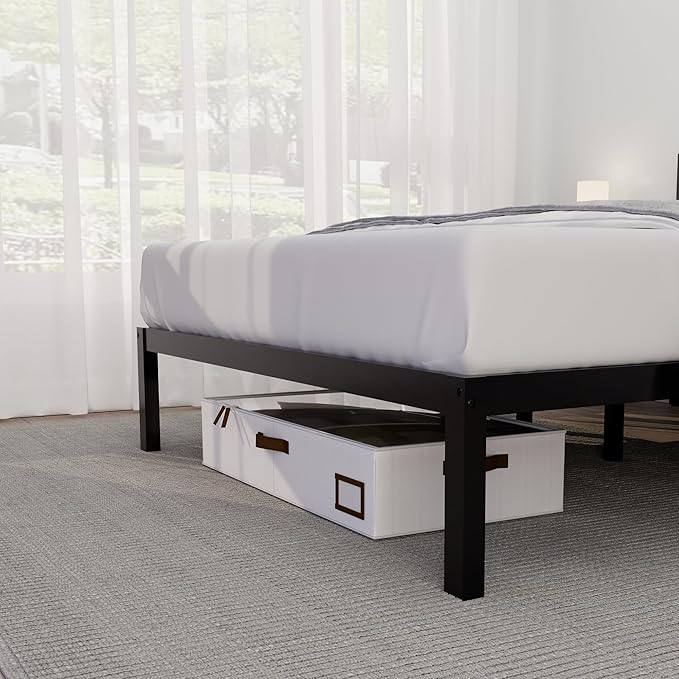14 Inch Bamboo Bed Frame – Solid Wood Platform Bed Frame, Strong and Stable, with Non-Slip Slats for Support, No Box Spring Needed, Easy to Assemble, Noise-Free (Black, Twin with Headboard)
