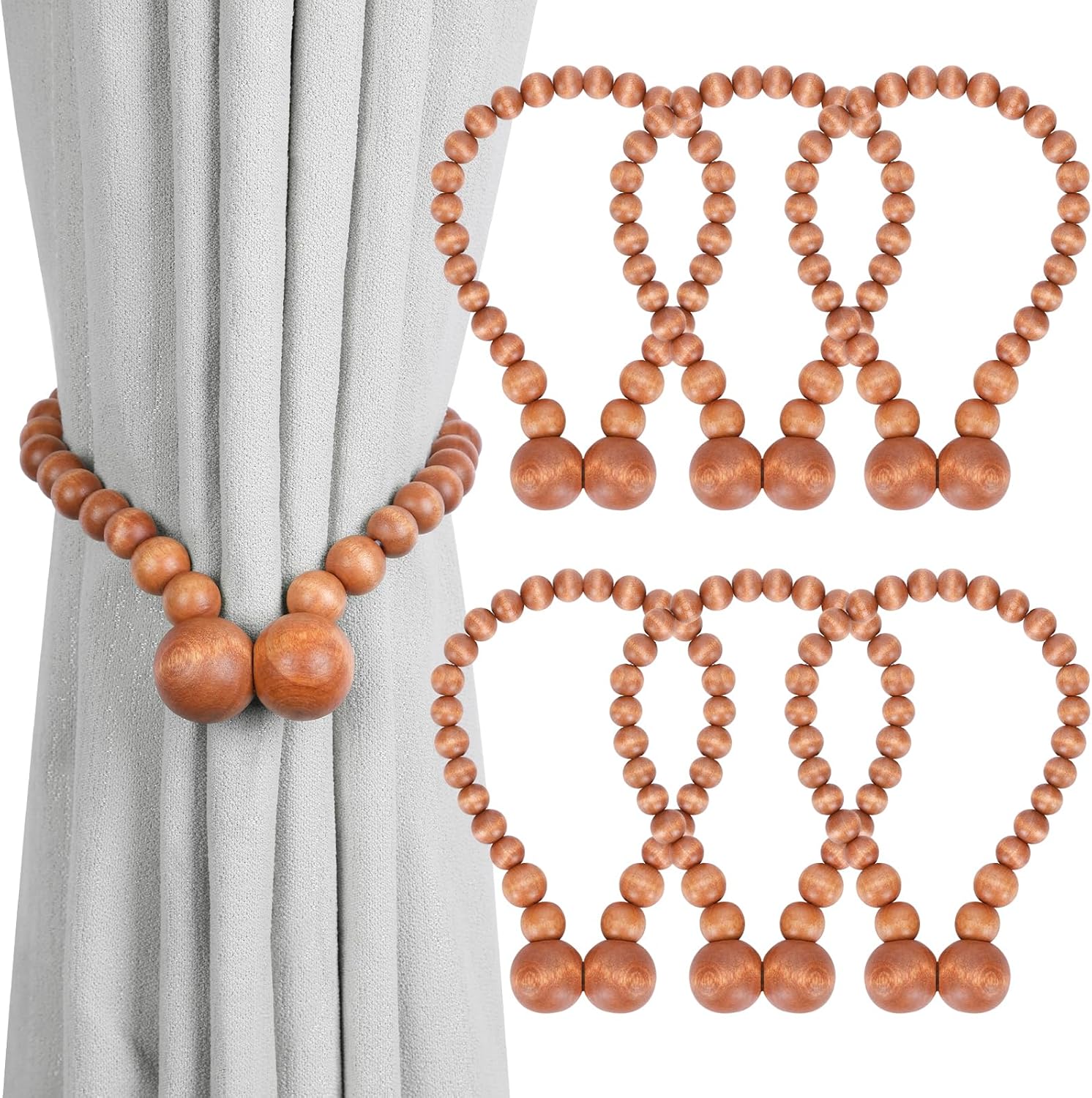KLOGTSIND Magnetic Curtain Tiebacks, Curtain Tie Backs for Curtains 4 Pack, Wood Bead Curtain Tiebacks, Curtain Holders for Boho Bedroom Decor, Baby Nursery Decor, Farmhouse Decor Dormly