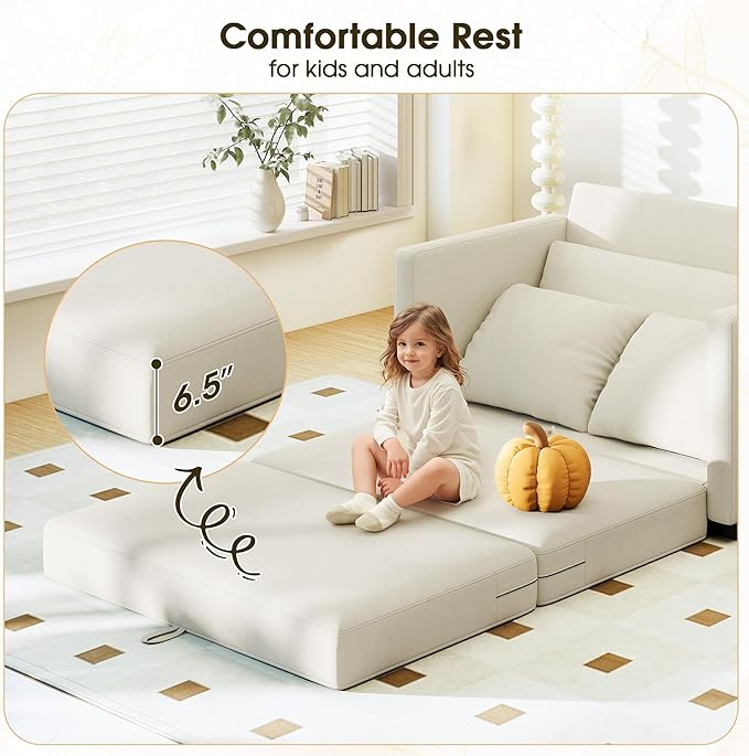 51" Convertible Sofa Bed, 2 in1 Folding Sofa Bed, Loveseat Sleeper Sofa for Small Spaces, Fold Out Floor Couch with 2 Pillows for Apartment, Living Room & Guest Room, Beige Chenille Fabric