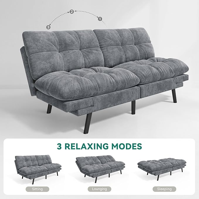 YITAHOME 70″ Convertible Futon Sofa Bed, Cat-Scratch-Proof Fabric Futon Couch with Adjustable Backrest and Armrest, Modern Loveseat Sleeper for Living Room Home Office, Dark Grey