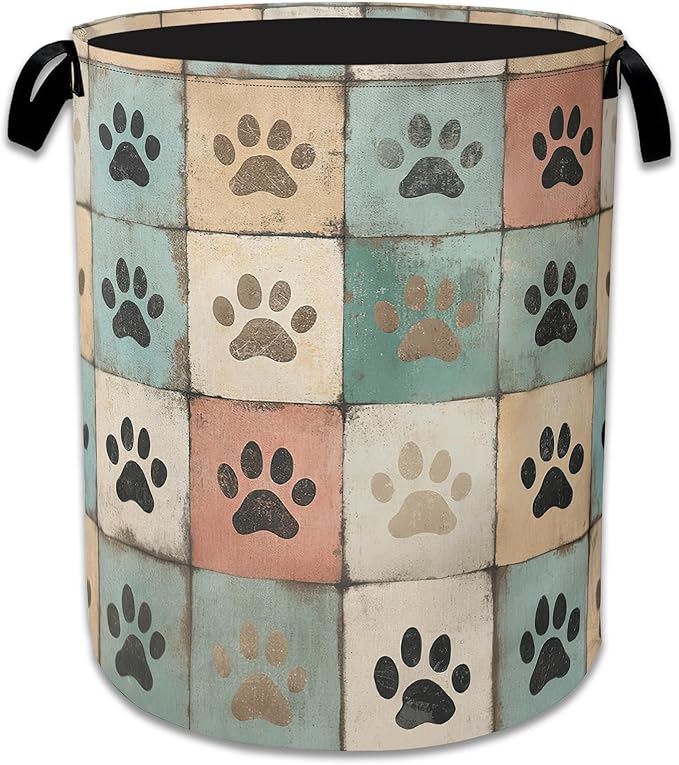 Cute Paw Print Laundry Basket,Foldable Oxford Cloth Vintage Laundry Hamper With Handle, 20.8"x16" Portable Clothes Storage Basket Bag for Laundry Room/Bathroom/Bedroom/Dormitories