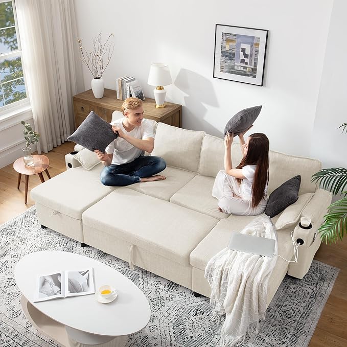 DURASPACE Sofa Bed Sleeper Sofa Pull Out Couch with Double Storage Chaise, Sectional for Living Room, U Shaped Couch with Removable Covers (Beige)