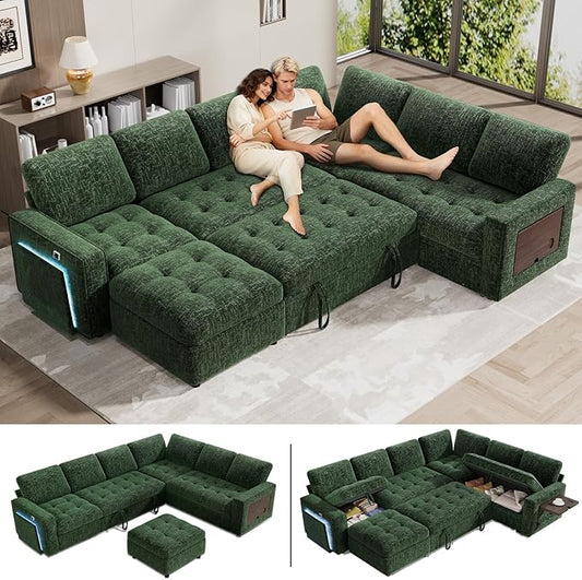WEUP 7 Seat L Shaped Sectional Sleeper Sofa Bed with Pull Out Bed, Chenille Sectional Sleeper Couch with Ottoman, Adjustable Backrest, USB Ports, LED, Side Table, Tool-Free Assembly, Chenille Green