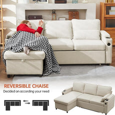 DURASPACE Sofa Bed, Sleeper Sofa Couch with Pullout Bed for Living Room, L Shaped Couch with Storage Chaise, USB, Cup Holder (Beige)