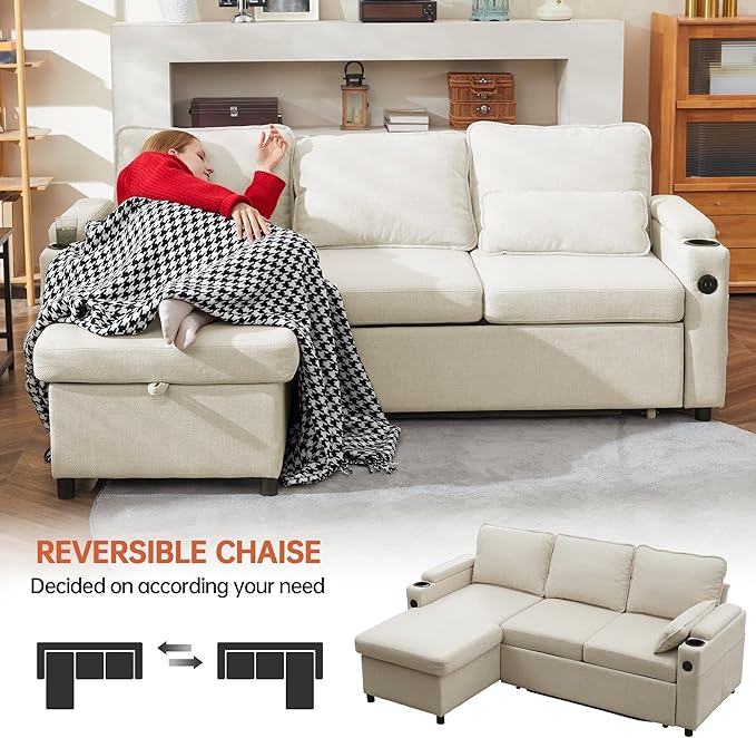 DURASPACE Sofa Bed, Sleeper Sofa Couch with Pullout Bed for Living Room, L Shaped Couch with Storage Chaise, USB, Cup Holder (Beige)