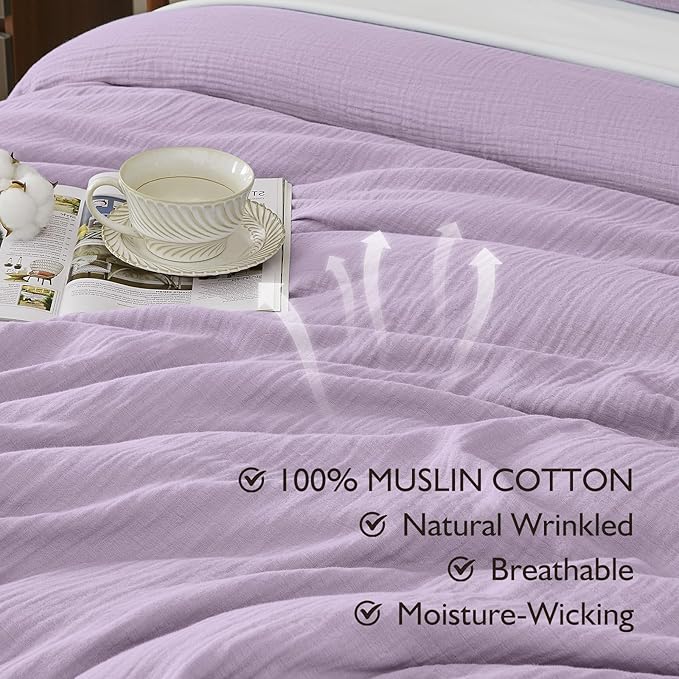 EMME Muslin Cotton Duvet Cover Set Lavender Twin Size Linen Like Soft Breathable Lightweight Summer Comforter Cover Set with Zipper Closure (Lavender, Twin, 68"x90")
