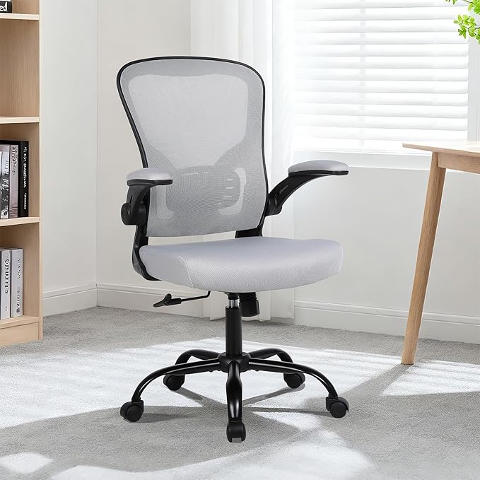Flysky Ergonomic Office Chair, Mesh Home Office Desk Chair with Flip-up Arms and Lumbar Support, Height Adjustable, Swivel, Gray