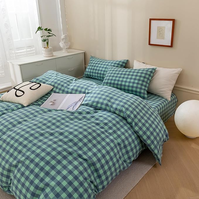 VM VOUGEMARKET 3 Pieces Plaid Duvet Cover Set King Washed Cotton Green Blue Checkered Printed Comforter Cover with Zipper Soft Lightweight & Breathable Quilt Cover Set King