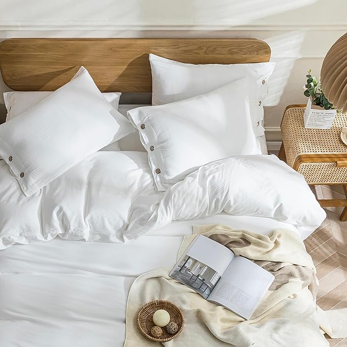 JELLYMONI Cotton Duvet Cover Oversized King Size - Bright White Comforter Cover with Button 100% Washed Cotton 3PCS Breathable Soft Solid Bedding Set Duvet Cover 120×98in & 2 Pillowcases (NO Insert)