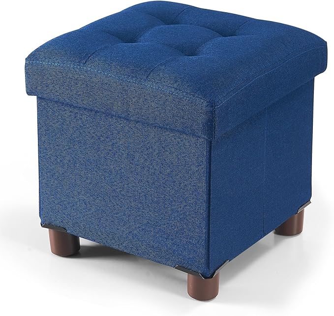 BRIAN & DANY Small Ottoman with Storage, Small Storage Ottoman, Folding Foot Stool with Wood Legs for Living Room and Bedroom Linen Rest Seat, 12.6"x12.6"x12.8" - Blue