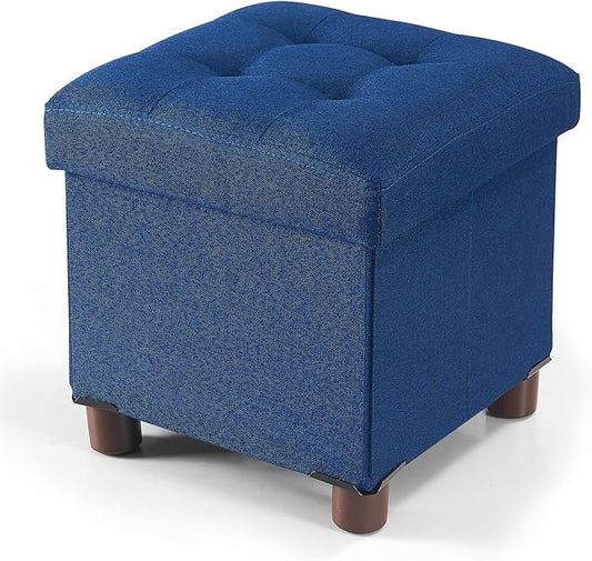 BRIAN & DANY Small Ottoman with Storage, Small Storage Ottoman, Folding Foot Stool with Wood Legs for Living Room and Bedroom Linen Rest Seat, 12.6"x12.6"x12.8" - Blue