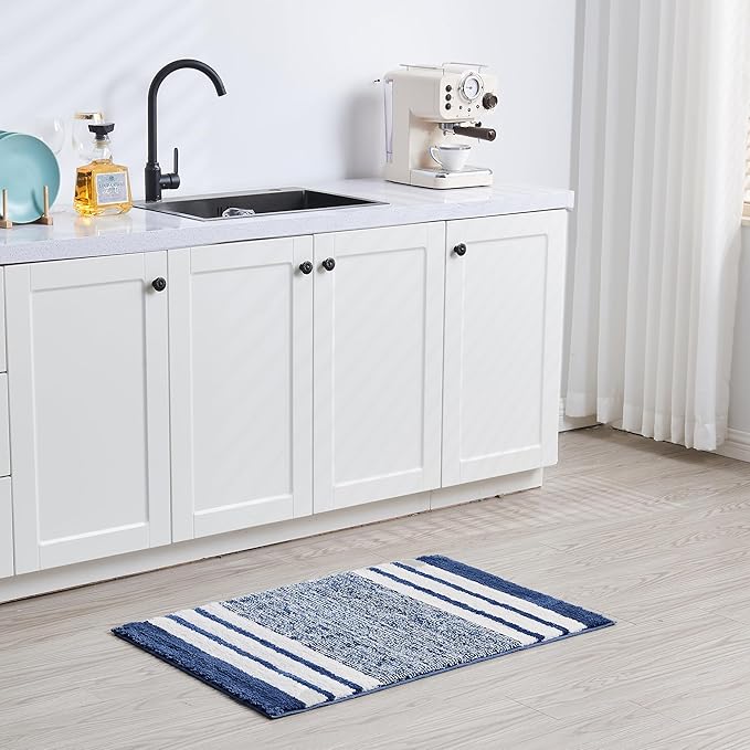 CozeCube Bath mats for Bathroom Non Slip, Fluffy Absorbent Microfiber Bath mat Washable, Aesthetic Bathroom Rugs, Cute Navy Blue Striped Bath mat, Navy Blue, 32" x 20"