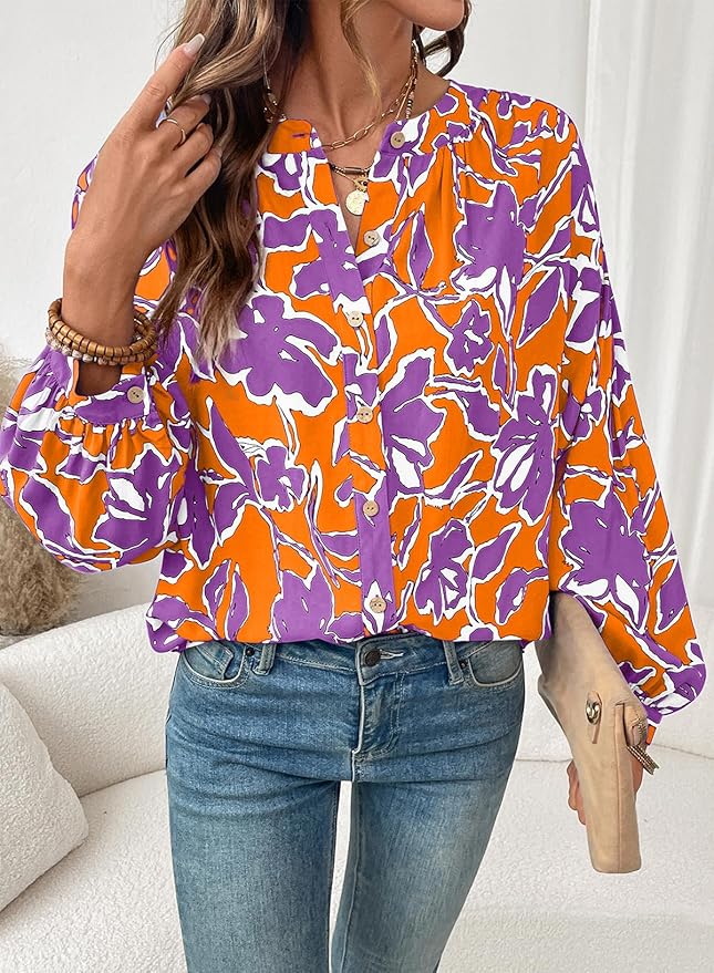 Astylish Womens 2026 Boho Floral Loose Spring Summer Tops Lantern Sleeve Flowy Blouses V Neck Button Down Shirts