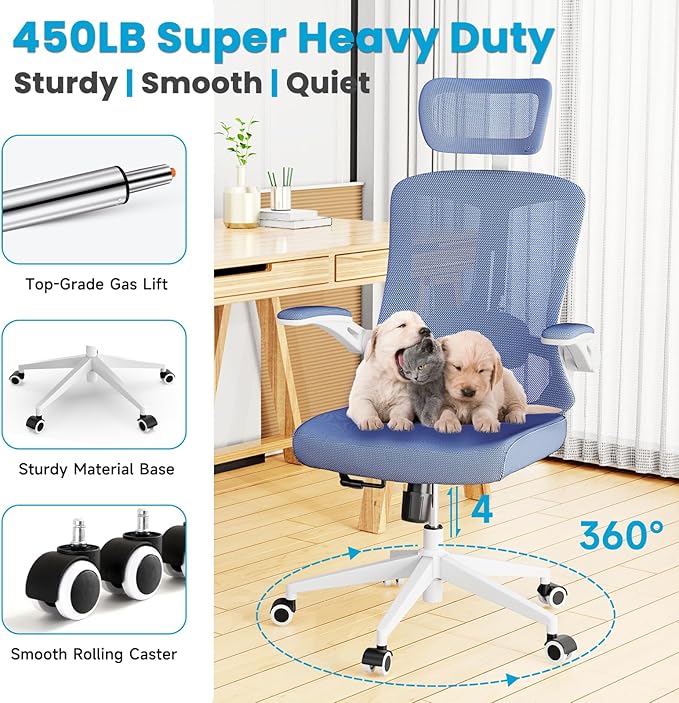 Ergonomic Office Chair - 400LB Comfy Desk Chairs with Adjustable Headrest and Lumbar Back Support, Mesh Computer Chairs with Wheels and Arms for Home Office, Study (669Blue-With Headrest)