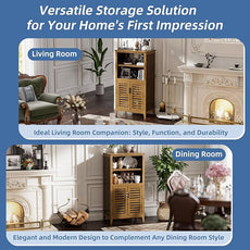 HITNET Walnut Bathroom Floor Cabinet, Bamboo Side Tall Storage Organizer, Freestanding Kitchen Cupboard with Door and Removable Shelf