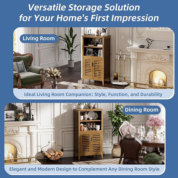 HITNET Walnut Bathroom Floor Cabinet, Bamboo Side Tall Storage Organizer, Freestanding Kitchen Cupboard with Door and Removable Shelf