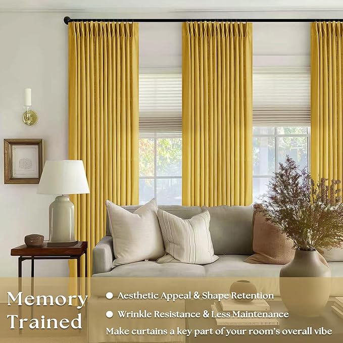 Gold Yellow Linen Pinch Pleated Curtains 108 Inches Long 2 Panels for Living Room Bedroom Light Filtering Drapes 108 Inch Length Mustard Yellow Semi Sheer Memory Shape Trained Ceiling Floor Curtain