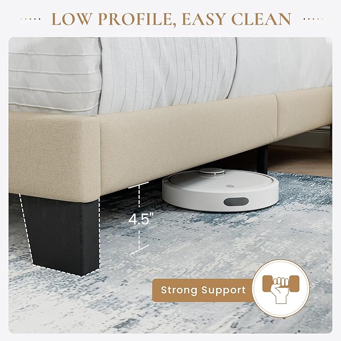 SHA CERLIN King Platform Bed Frame with Upholstered Fabric Headboard, Mattress Foundation with Strong Wooden Slats Support, No Box Spring Needed, Beige