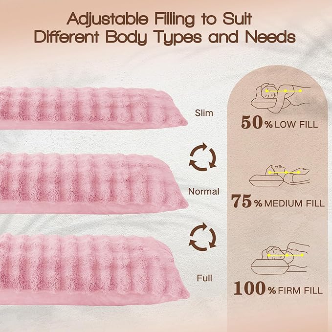 YZ HOME Faux Fur Fluffy Body Pillow for Adults - Firm Body Pillow Insert with Shredded Blue Memory Foam, Adjustable Height, Soft Support for Side Sleeping, Pregnant Women, Washable, 20x54 Inch (Pink)