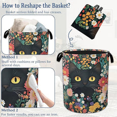 Cute Funny Black Cat Laundry Basket,Oxford Cloth Flower Laundry Hamper With Handle Foldable Portable Clothes Storage Basket for Laundry Room/Bedroom/Bathroom 20.8