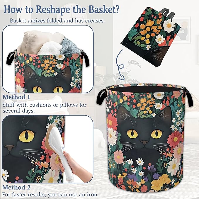 Cute Funny Black Cat Laundry Basket,Oxford Cloth Flower Laundry Hamper With Handle Foldable Portable Clothes Storage Basket for Laundry Room/Bedroom/Bathroom 20.8"x16"