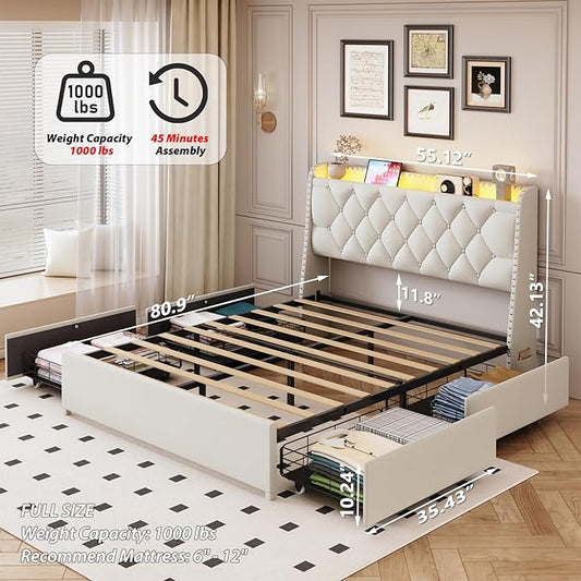 Full Size Bed Frame with 4 Drawers and Storage Headboard, Upholstered Tufted Wingback Bed Frame with LED Lights and Charging Station, No Box Spring Needed, Easy Assembly, Noise Free, Beige