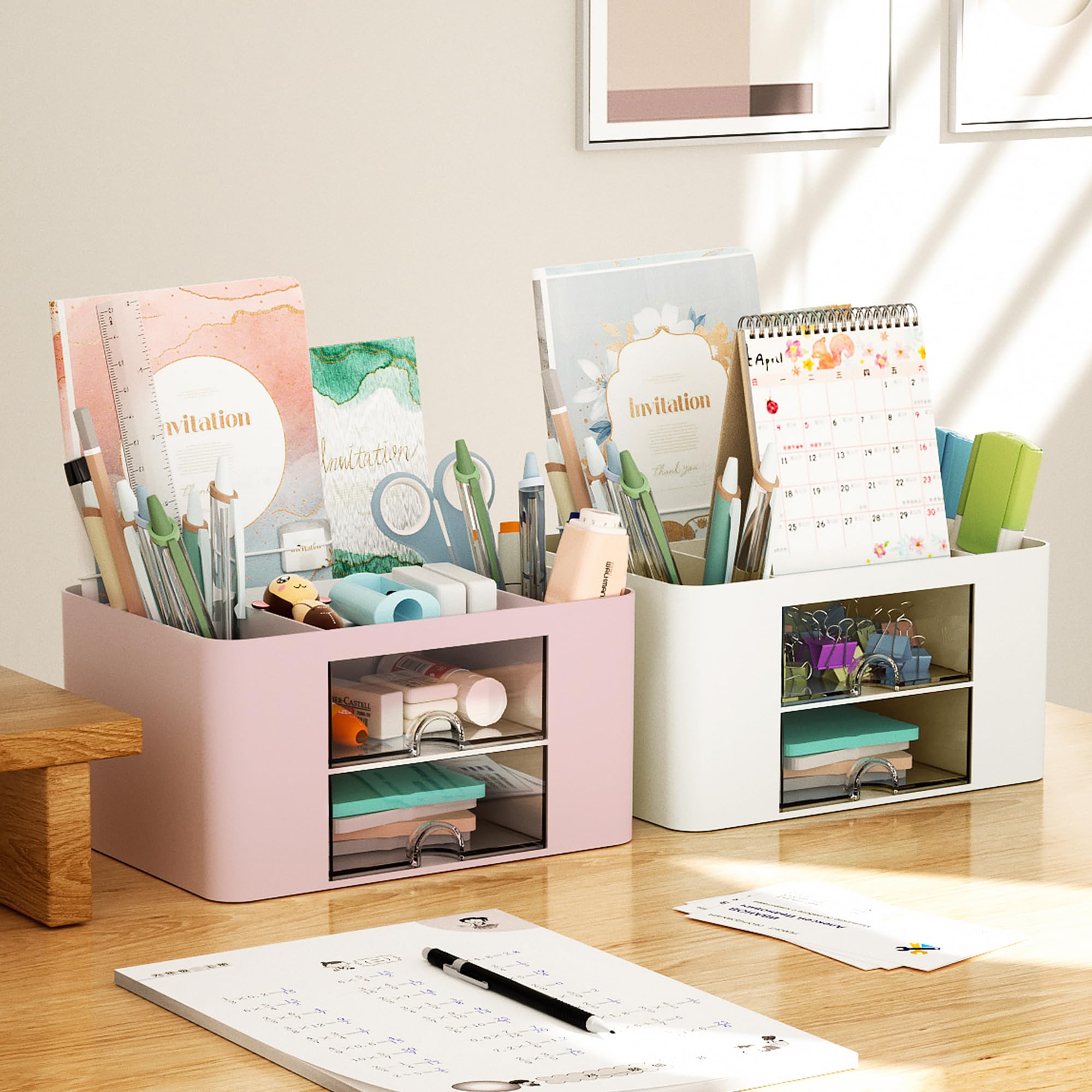 Marbrasse Pen Organizer with 2 Drawer, Multi-Functional Pencil Holder for Desk, Desk Organizers and Accessories with 5 Compartments + Drawer for Office Art Supplies (Blue) Dormly