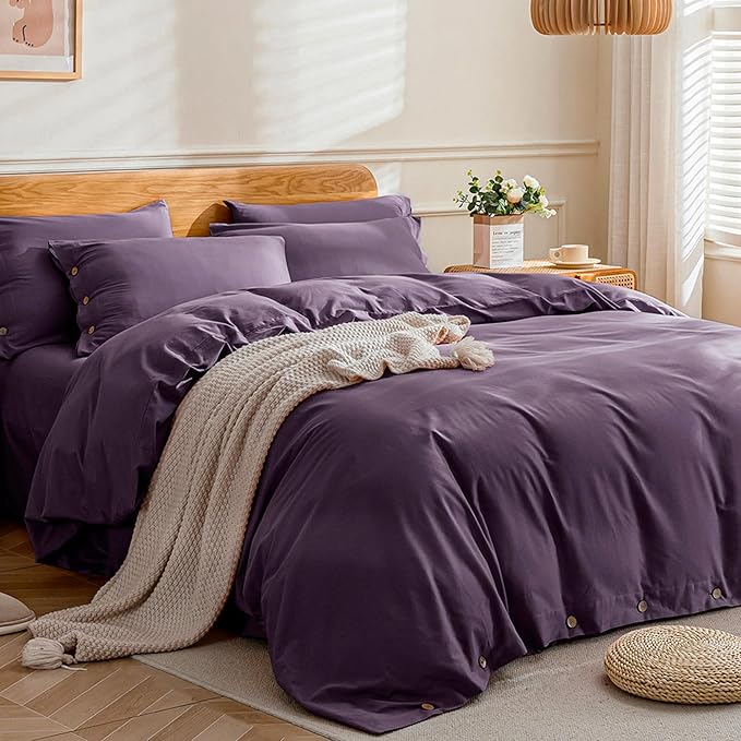 JELLYMONI Cotton Duvet Cover Cal King Size - Purple Comforter Cover with Button 100% Washed Cotton 3PCS Breathable Soft Solid Bedding Set Duvet Cover 104×98in & 2 Pillowcases (NO Comforter)